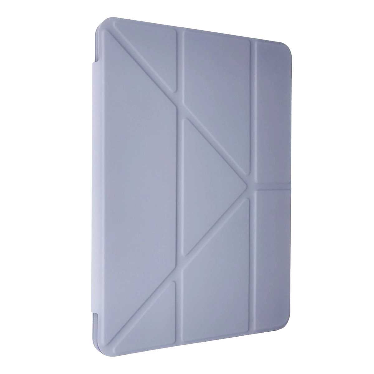 Beyaz arka plan üzerinde geometrik katlama desenli gri tablet kılıfı.