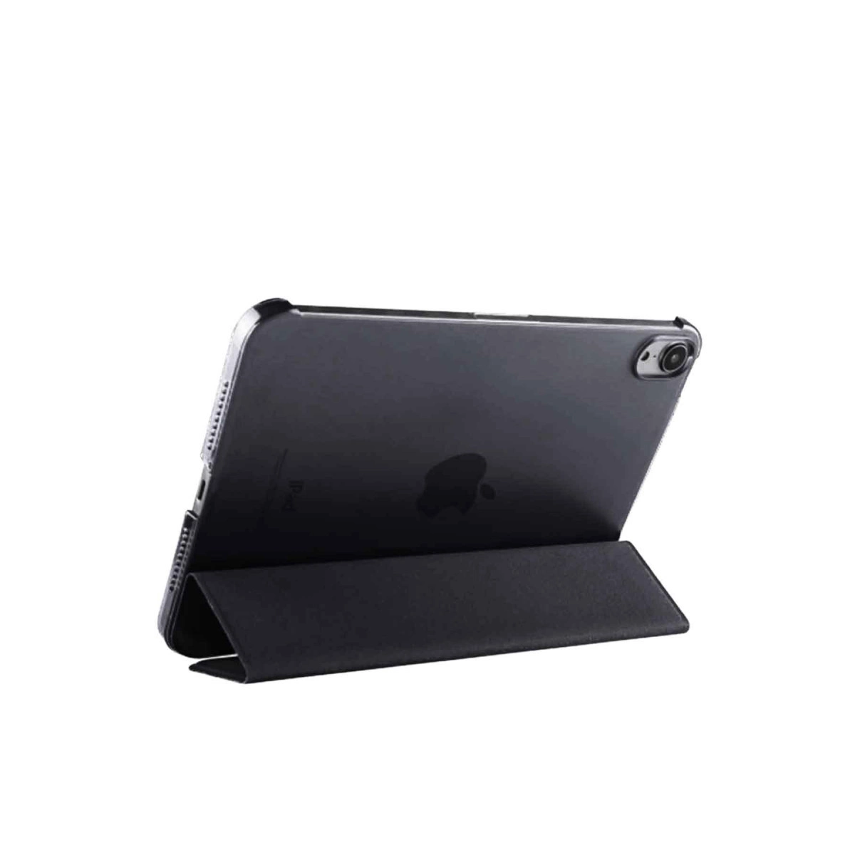 Koyu renk iPad kılıf ve stantlı, beyaz zeminde.