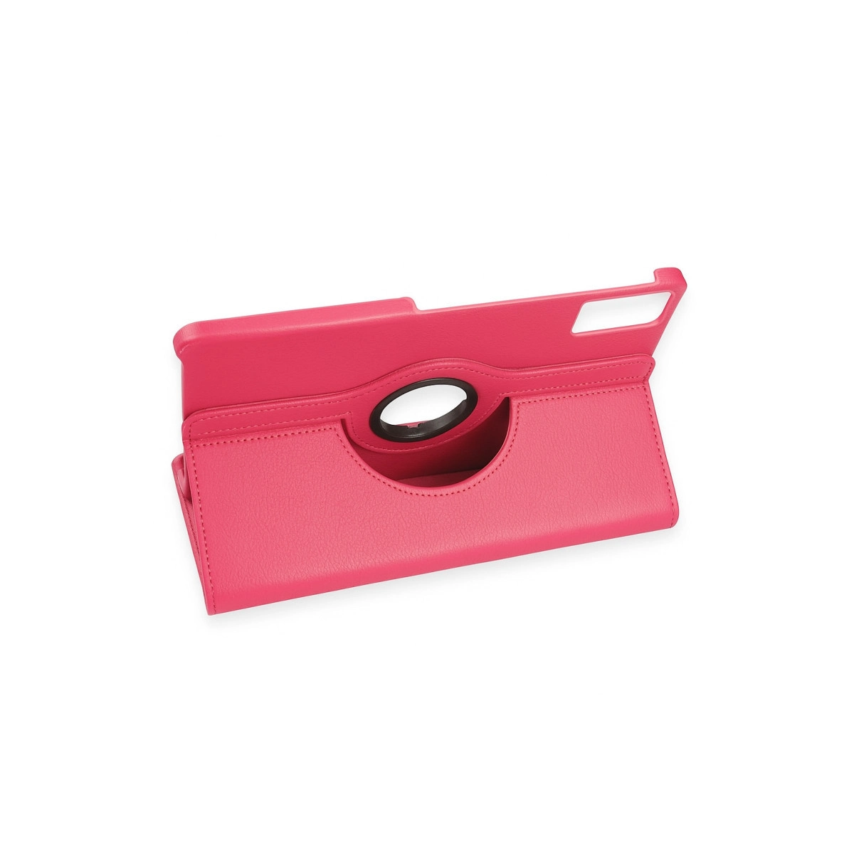 Kamera kesimli, pembe renkli bir tablet standı.