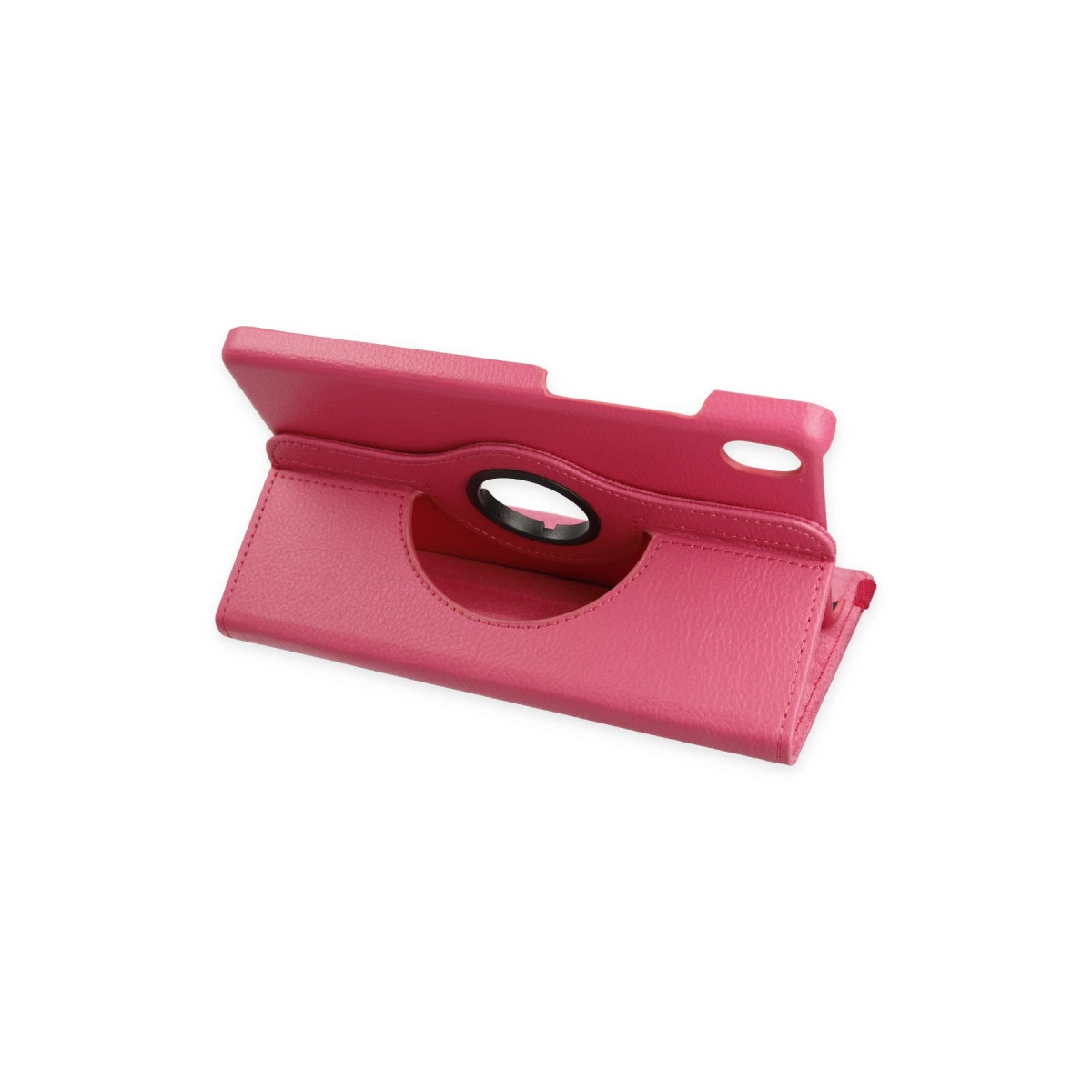 Dairesel kesimli ve döner tutuculu pembe tablet standı.