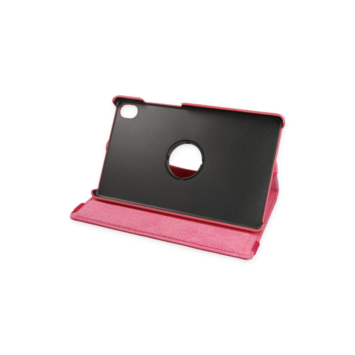 Siyah iç ve dairesel kesimli pembe tablet standı.