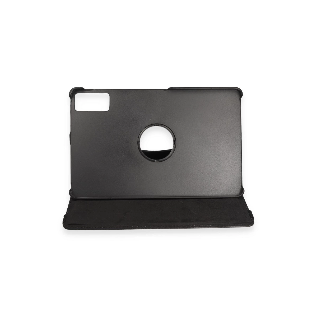 Dairesel kesimli ve katlanır kapaklı siyah tablet kılıfı.