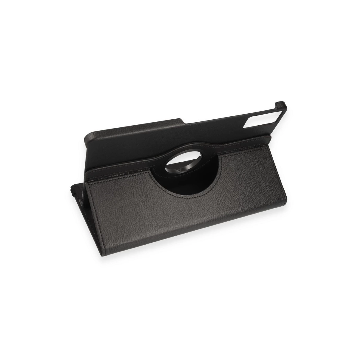 Yuvarlak kesimli açık siyah deri tablet kılıfı.