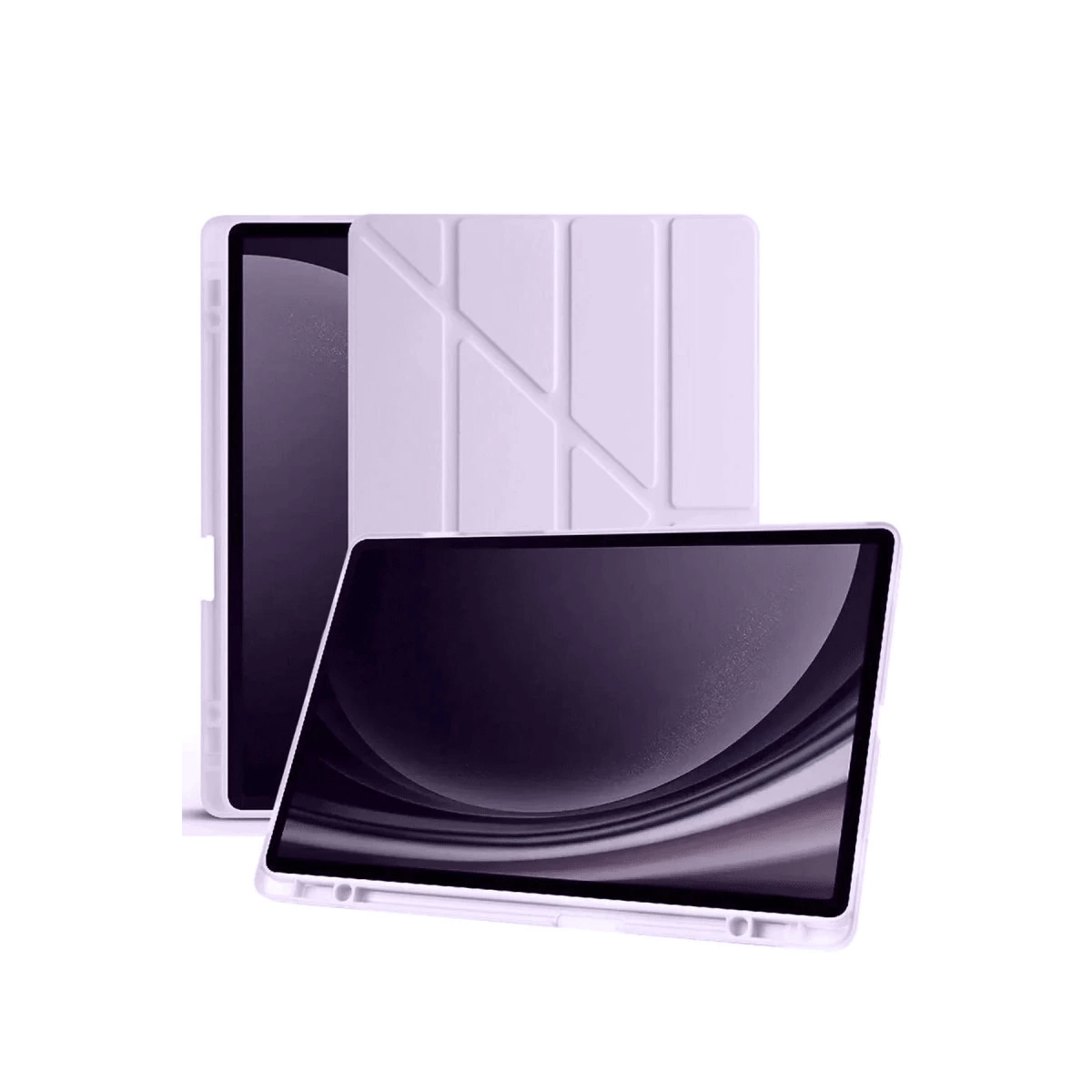 Beyaz zeminde duran, katlanmış kılıflı açık mor tablet.