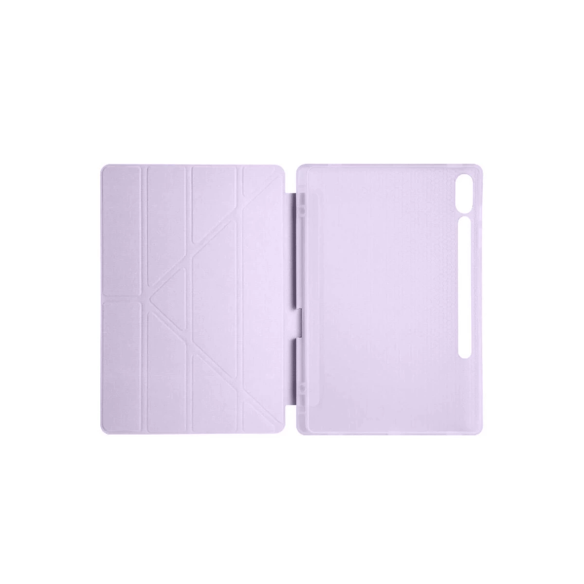 Açık mor renkli tablet kılıfı, ön kapağı katlanmış şekilde açık.