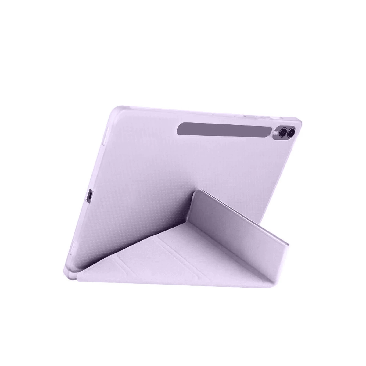 Mor renkli tablet, katlanmış kılıfı beyaz arka planda duruyor.
