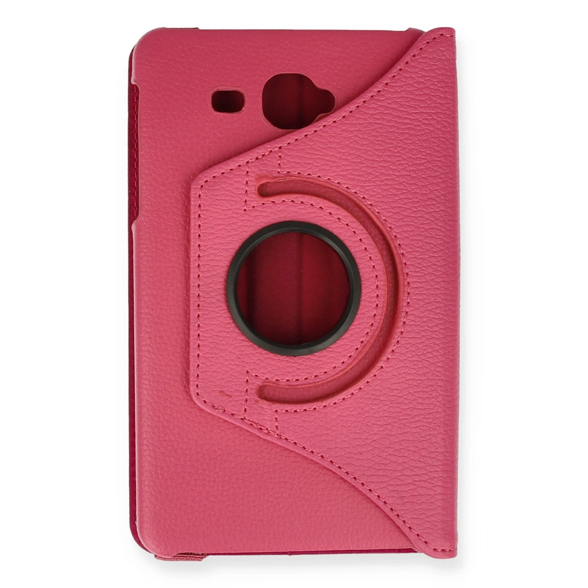 Dönebilen tutuculu ve kamera/düğme kesimli pembe tablet kılıfı.