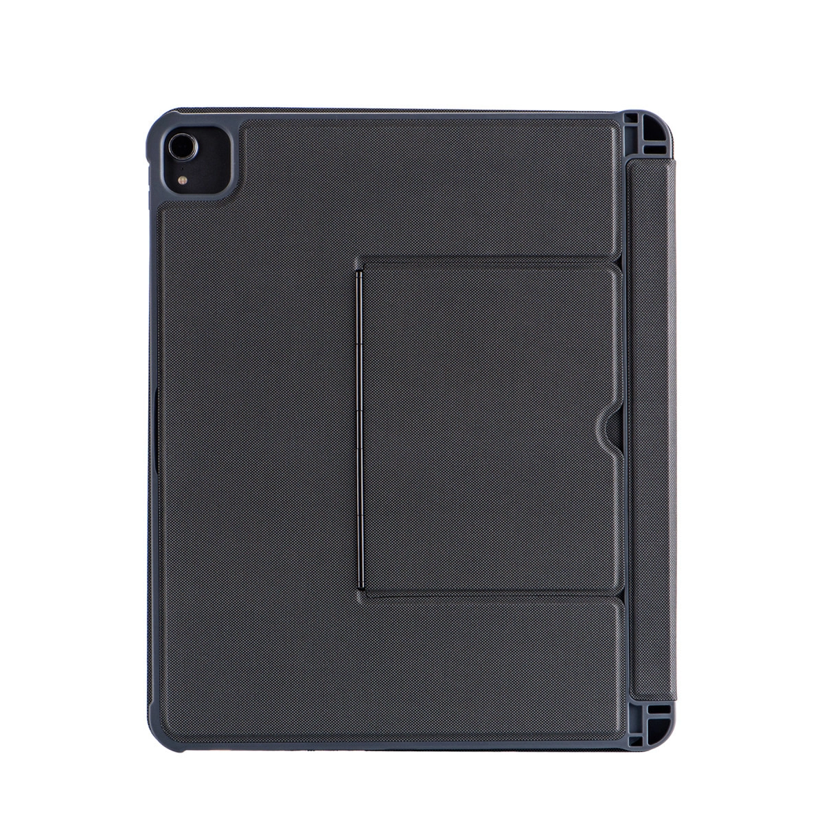 Kart yuvalı ve kalem tutuculu koyu gri tablet kılıfı.