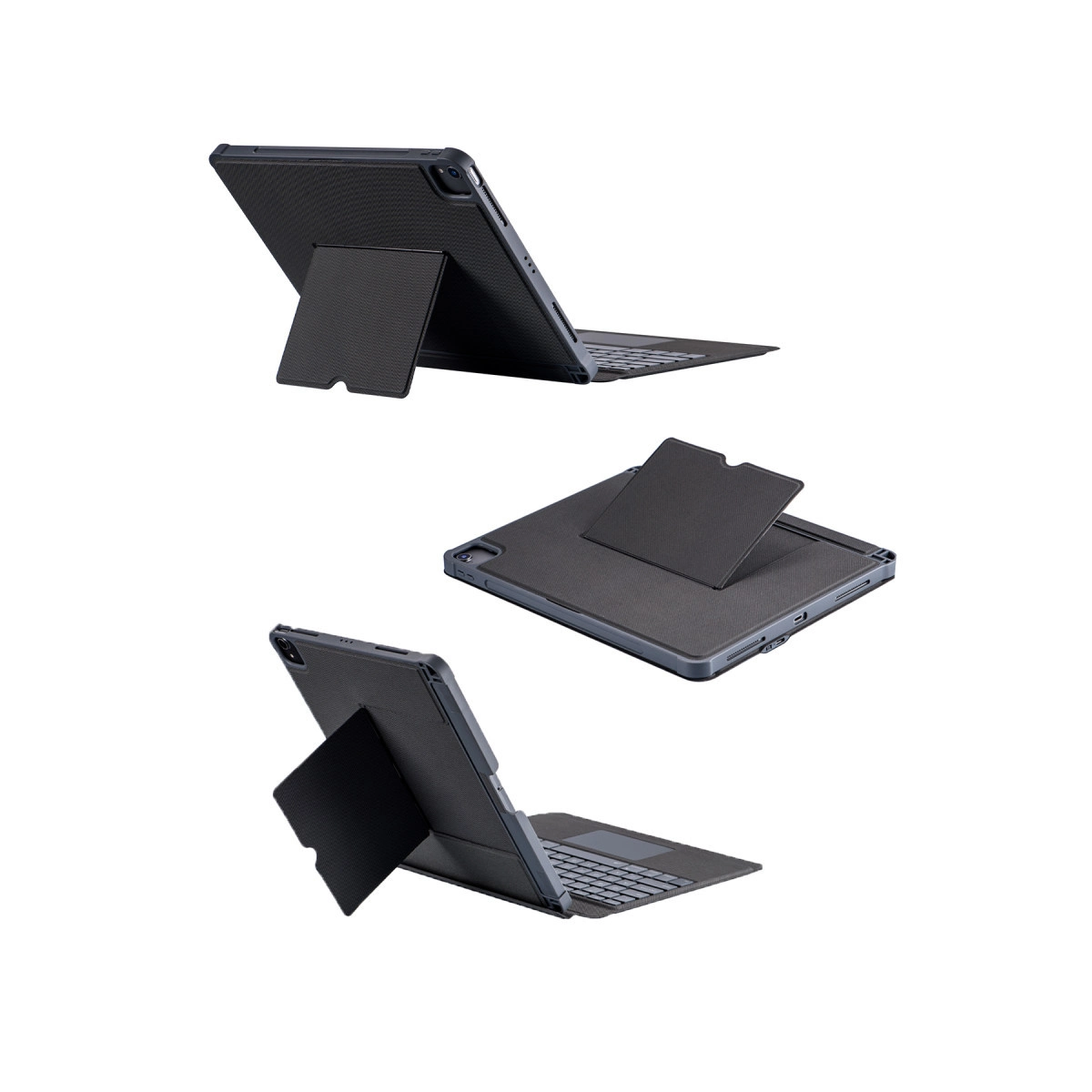 Klavye ve stantlı koyu renk tablet kılıfının üç görünümü.