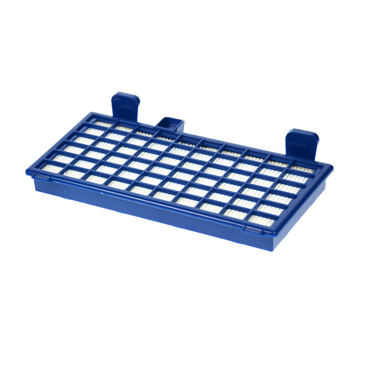 Filtro aspirapolvere blu con griglia e pieghe bianche.