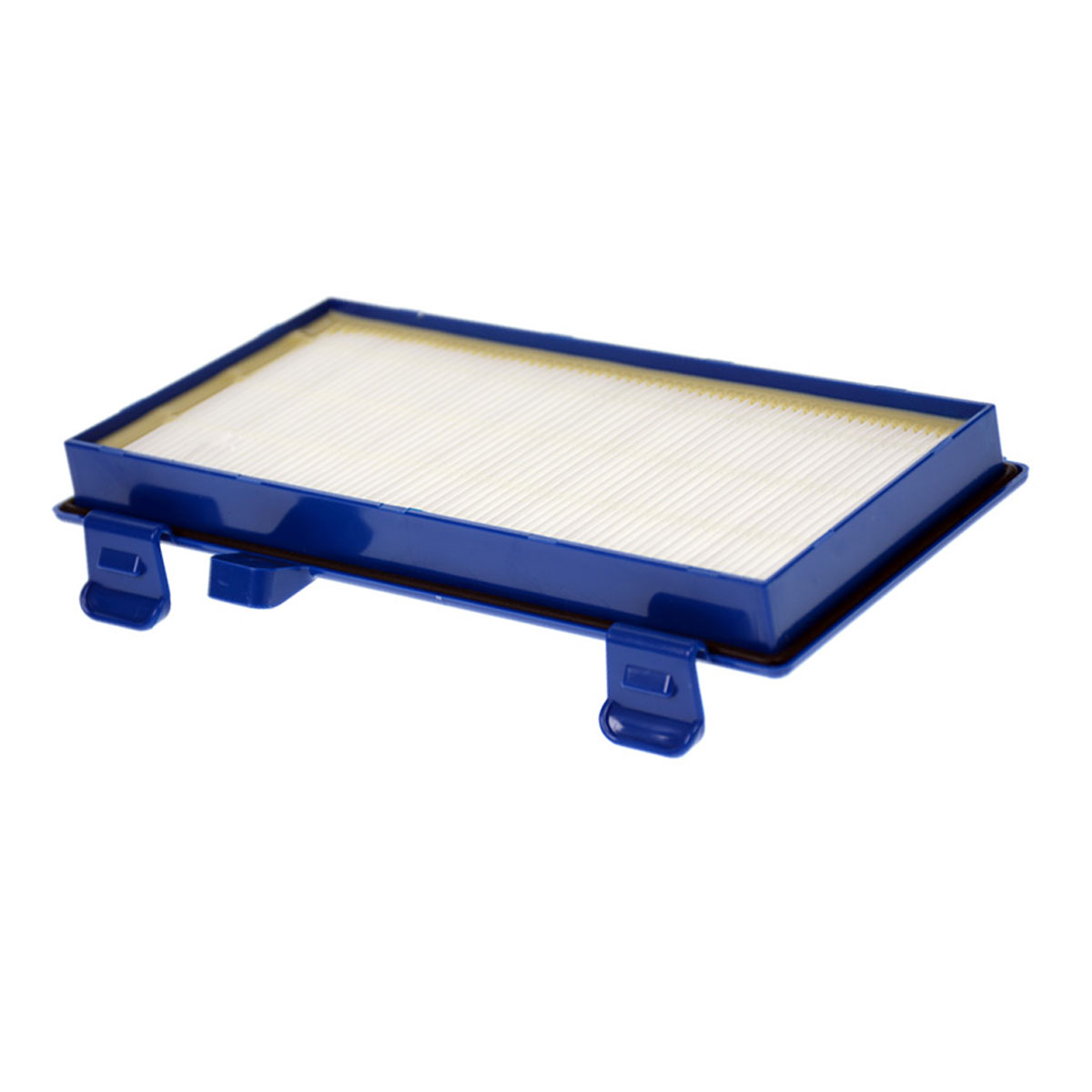 Un filtro rettangolare blu con materiale filtrante bianco plissettato.