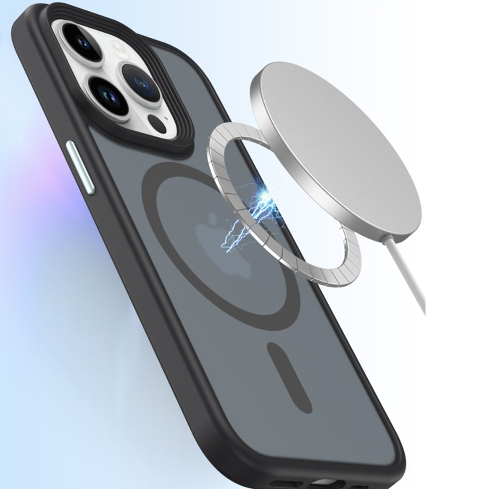 Manyetik olarak takılmış MagSafe şarj cihazlı siyah bir iPhone.