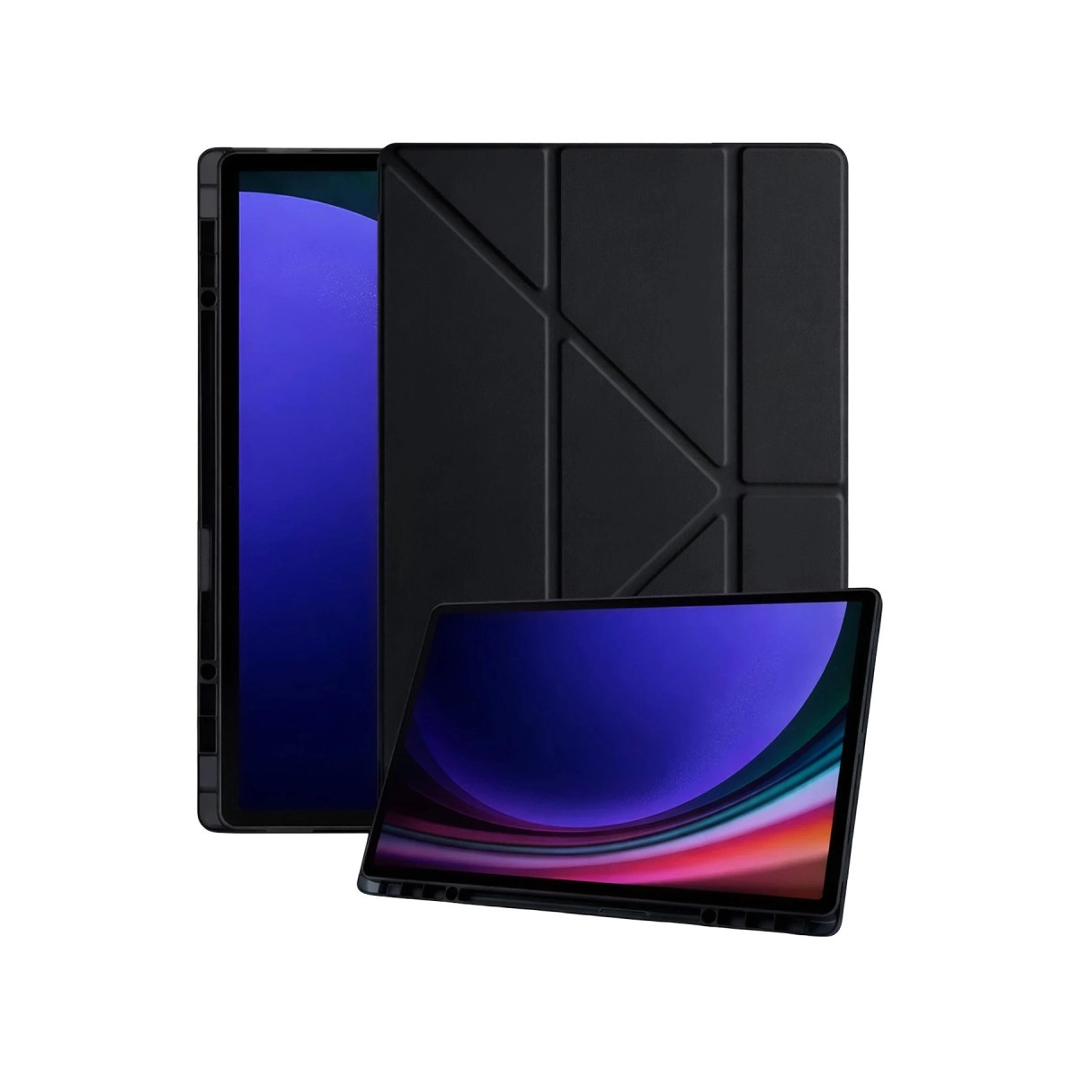 Beyaz arka plan üzerinde katlanmış kılıflı siyah tablet.