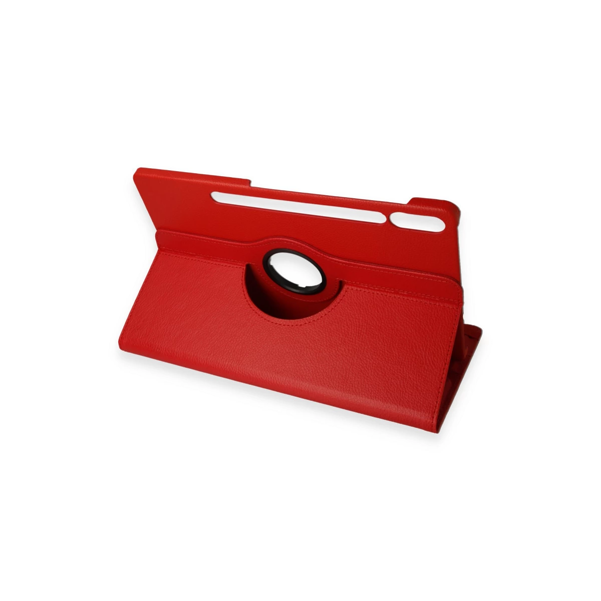 Kamerası açık, tutamaklı kırmızı tablet kılıfı.