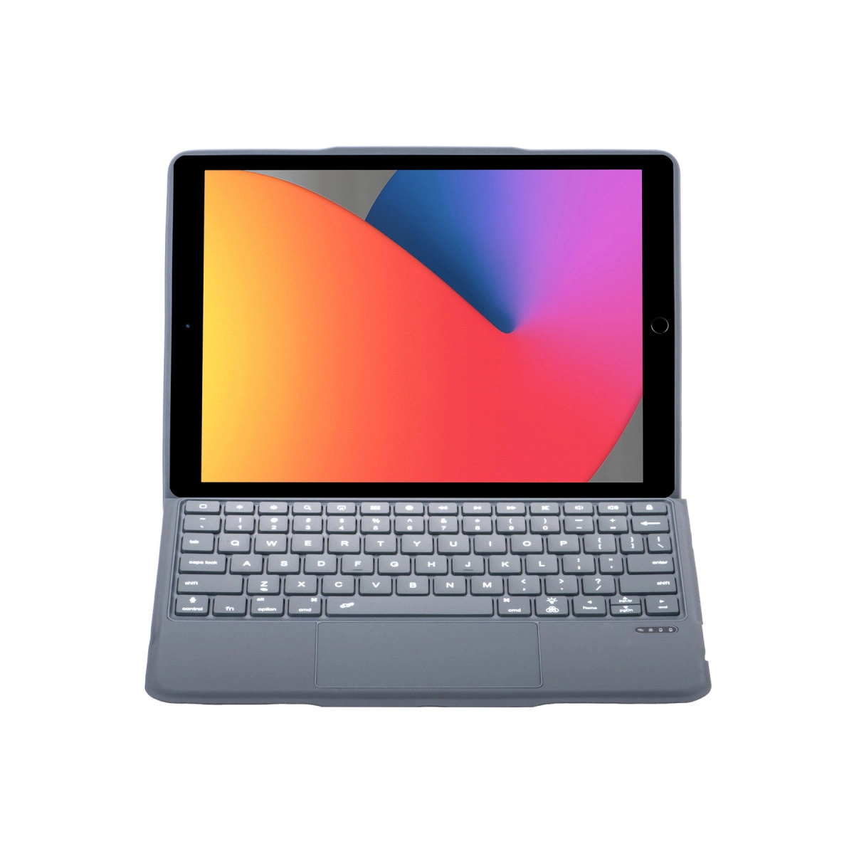 Renkli duvar kağıdı gösteren, bağlı klavyeli gri tablet.