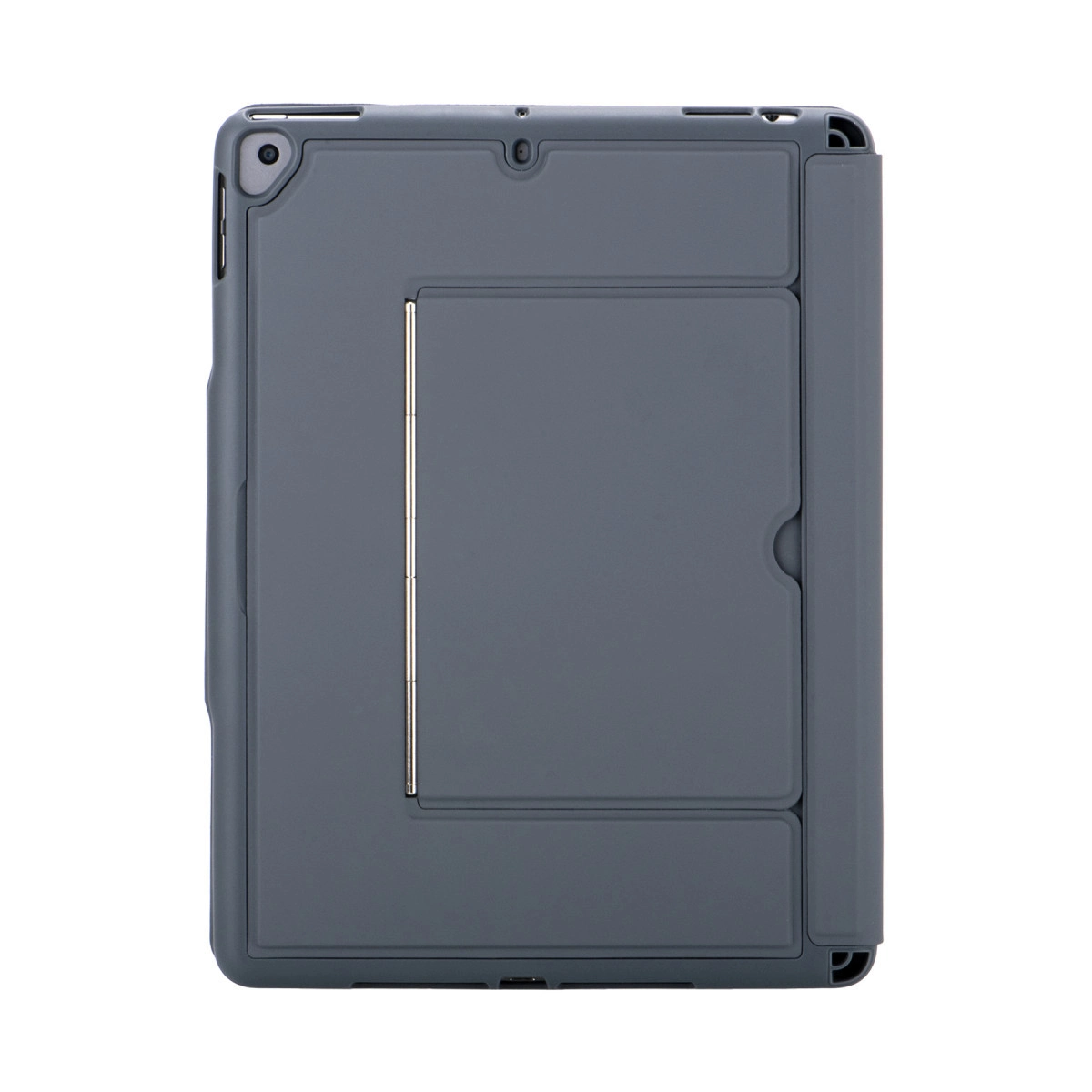 Kamera kesimli ve stant özellikli gri tablet kılıfı.