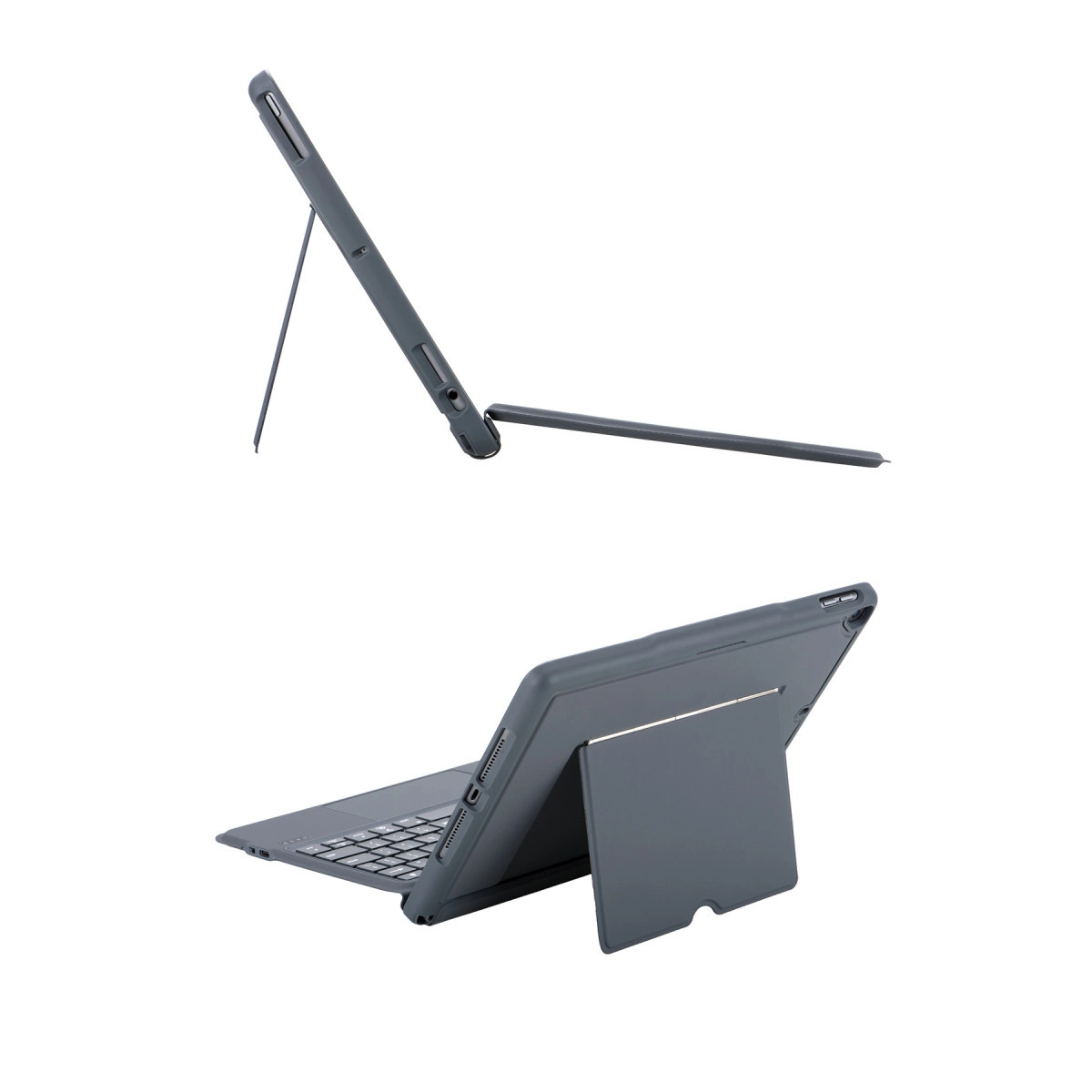 Entegre klavyeli ve stantlı koyu gri tablet kılıfının iki görünümü.