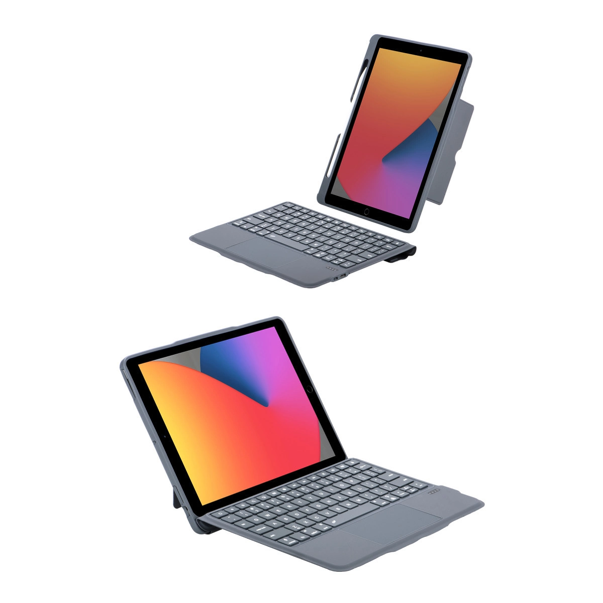 Beyaz arka plan üzerinde klavyeli ve kalem tutuculu iki gri tablet.
