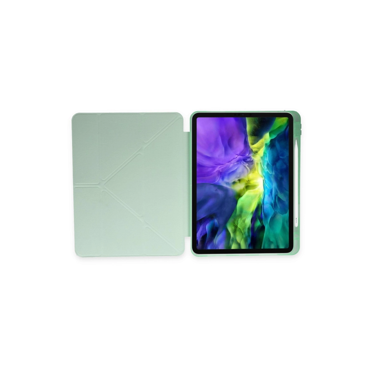 Açık yeşil tablet kılıfı açık, renkli soyut duvar kağıtlı bir tablet ve stylus görünüyor.