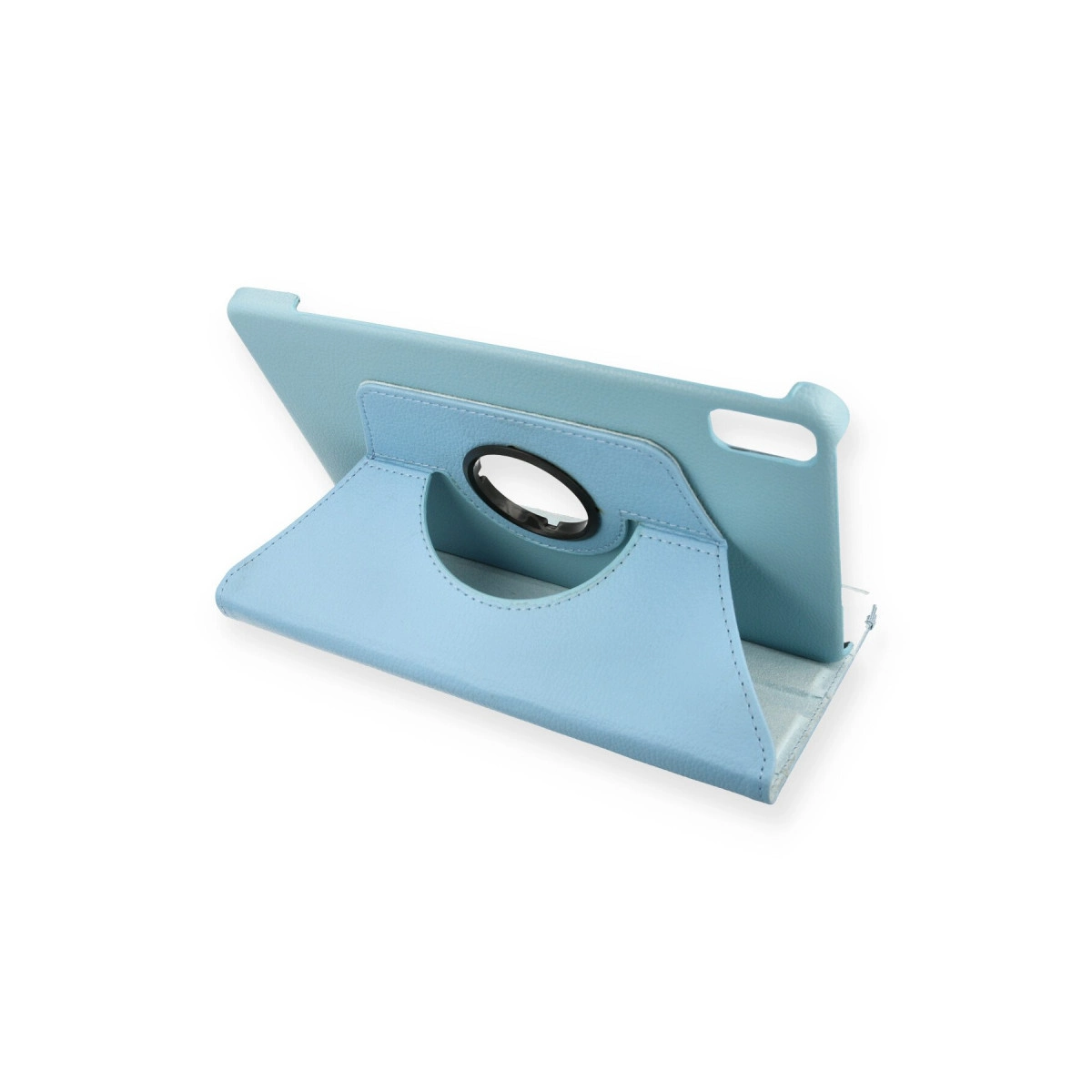 Arkadan aydınlatmalı, beyaz arka planlı, stantlı ve tutamaklı tablet kılıfı.