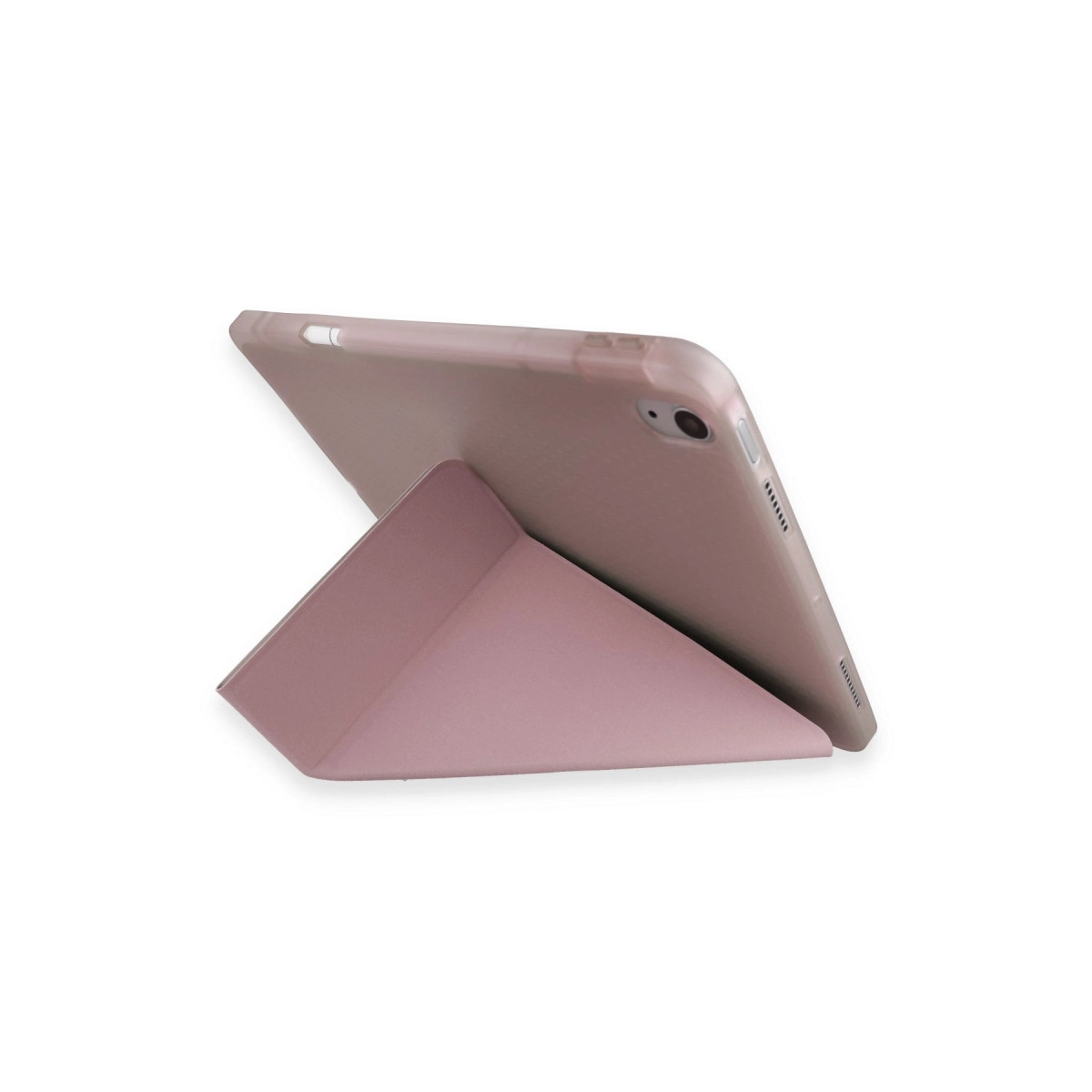 Eşleşen bir stant üzerinde duran pembe tablet.