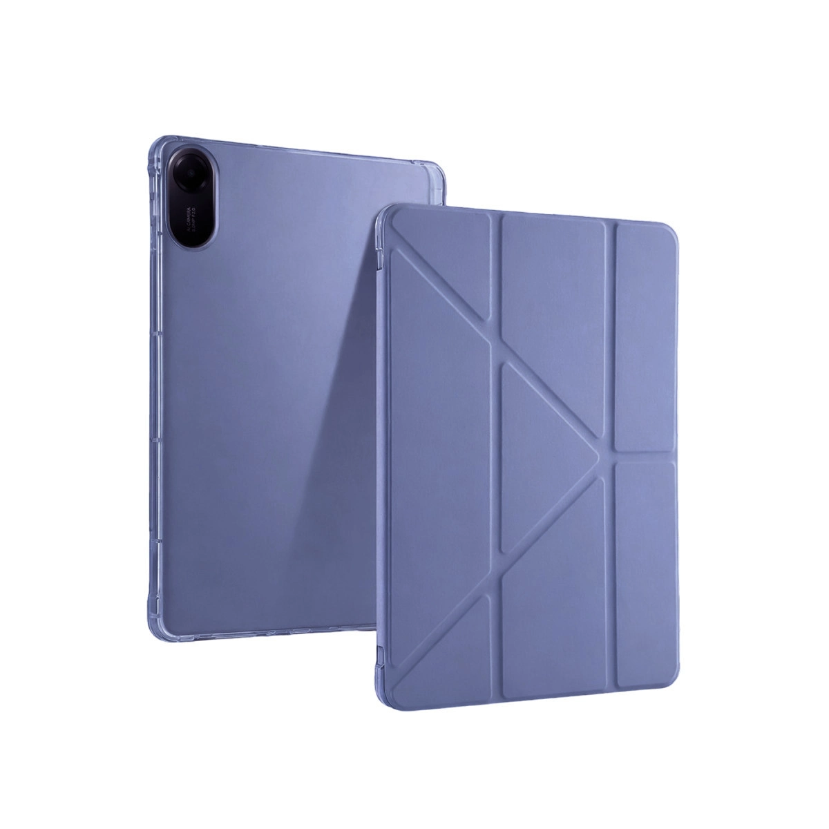 Beyaz arka planda yanında katlanmış kılıfı olan mor bir tablet.
