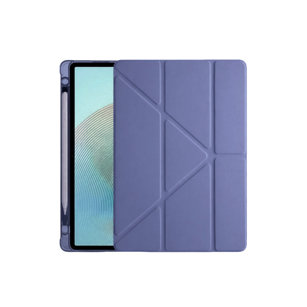 Geometrik desenli kılıfı olan mor tablet.