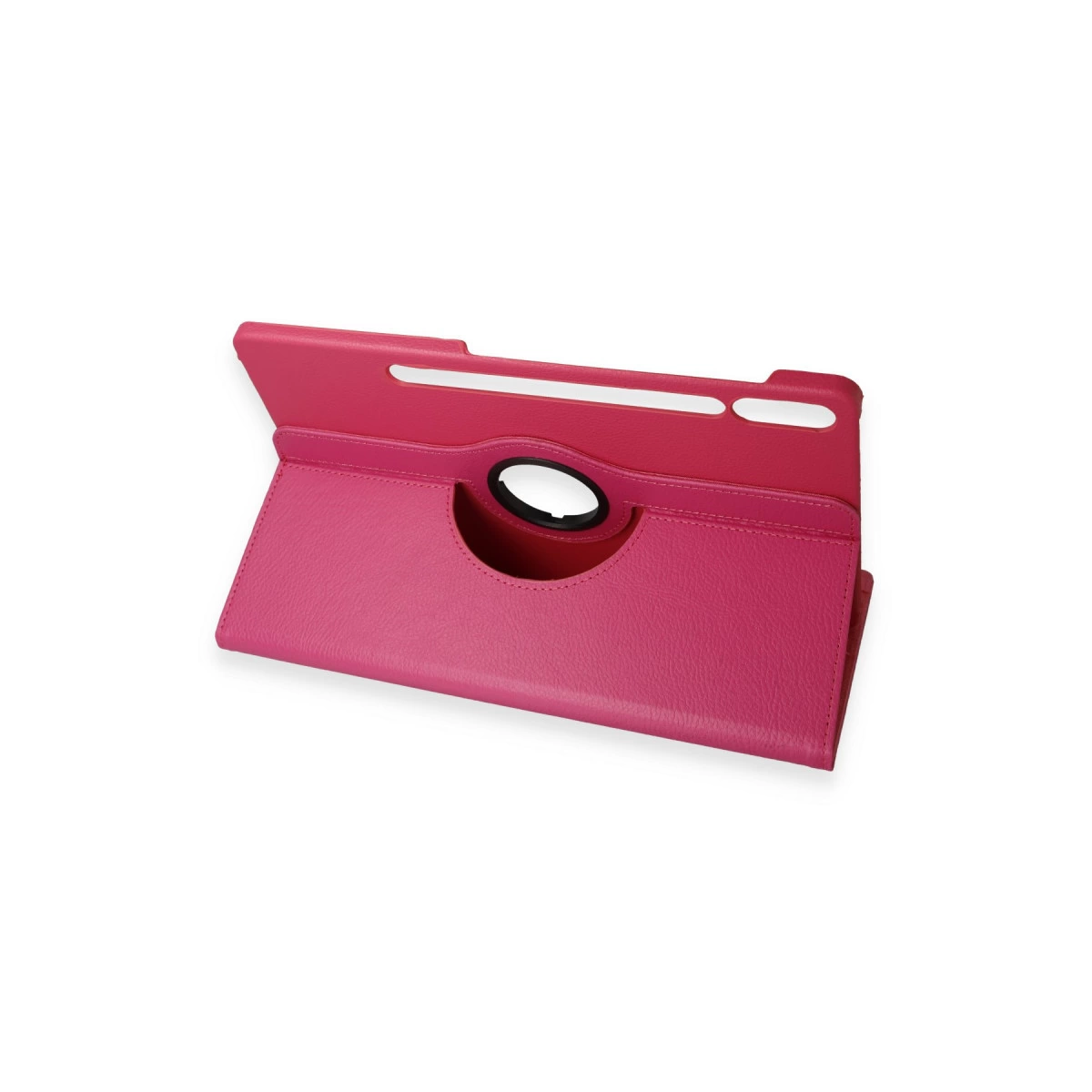 Kesik ve tutamaçlı parlak pembe tablet kılıfı beyaz arka plan üzerinde gösteriliyor.