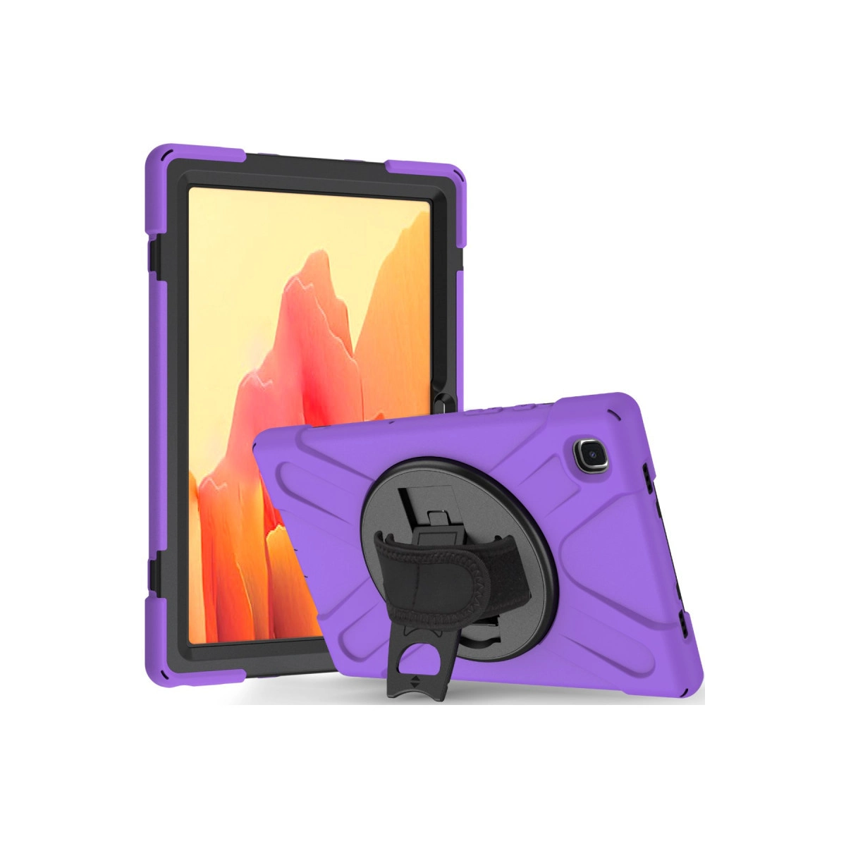 Ayaklı mor tablet koruyucu kılıf beyaz arka planda gösteriliyor.