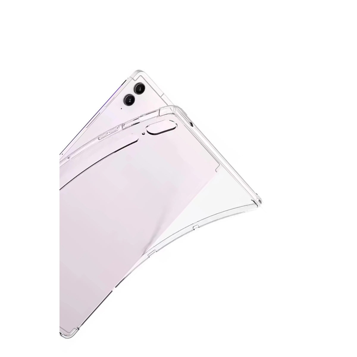 Beyaz arka plan üzerinde iki kamera deliği olan şeffaf telefon kılıfı.