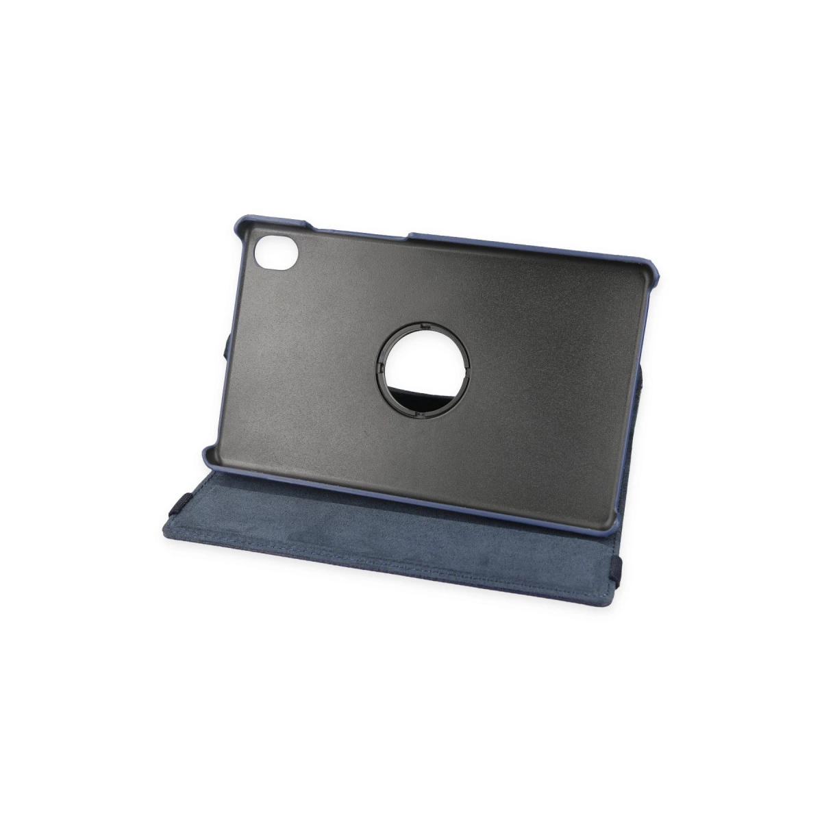Ortasında yuvarlak kesiği olan koyu mavi tablet standı.