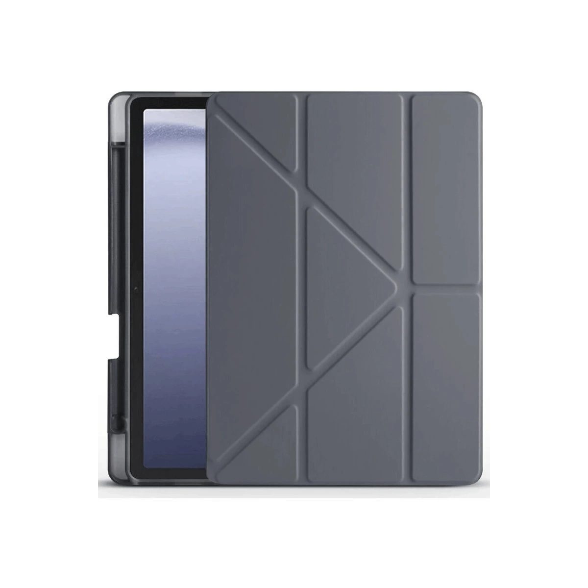 Tableti koruyan geometrik desenli gri tablet kılıfı.