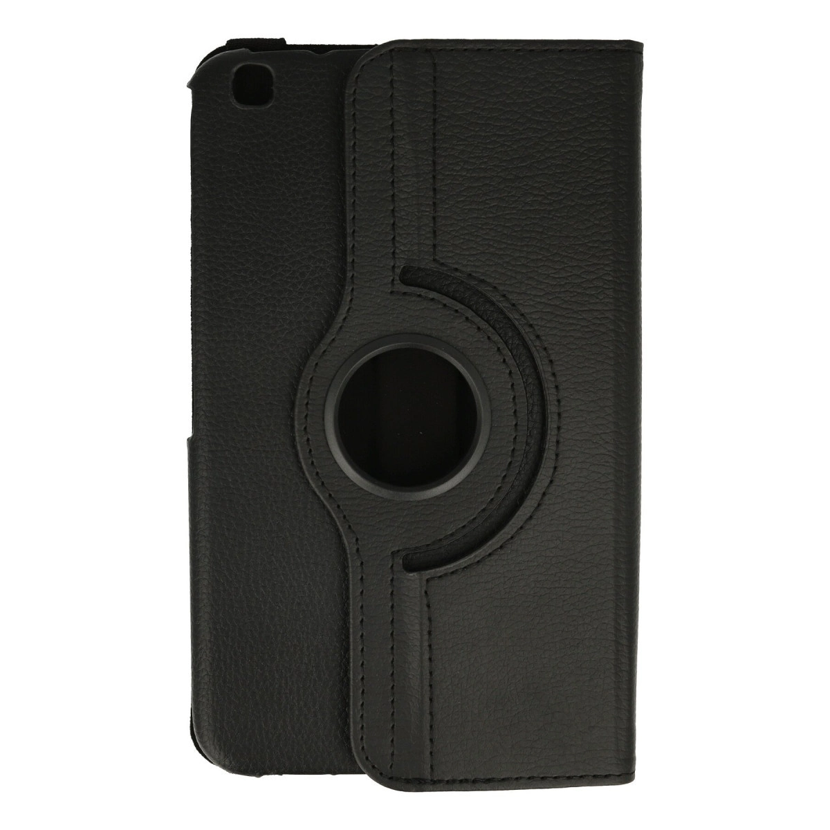 Dönen halkalı ve dikişli siyah tablet kılıfı beyaz arka plan üzerinde.