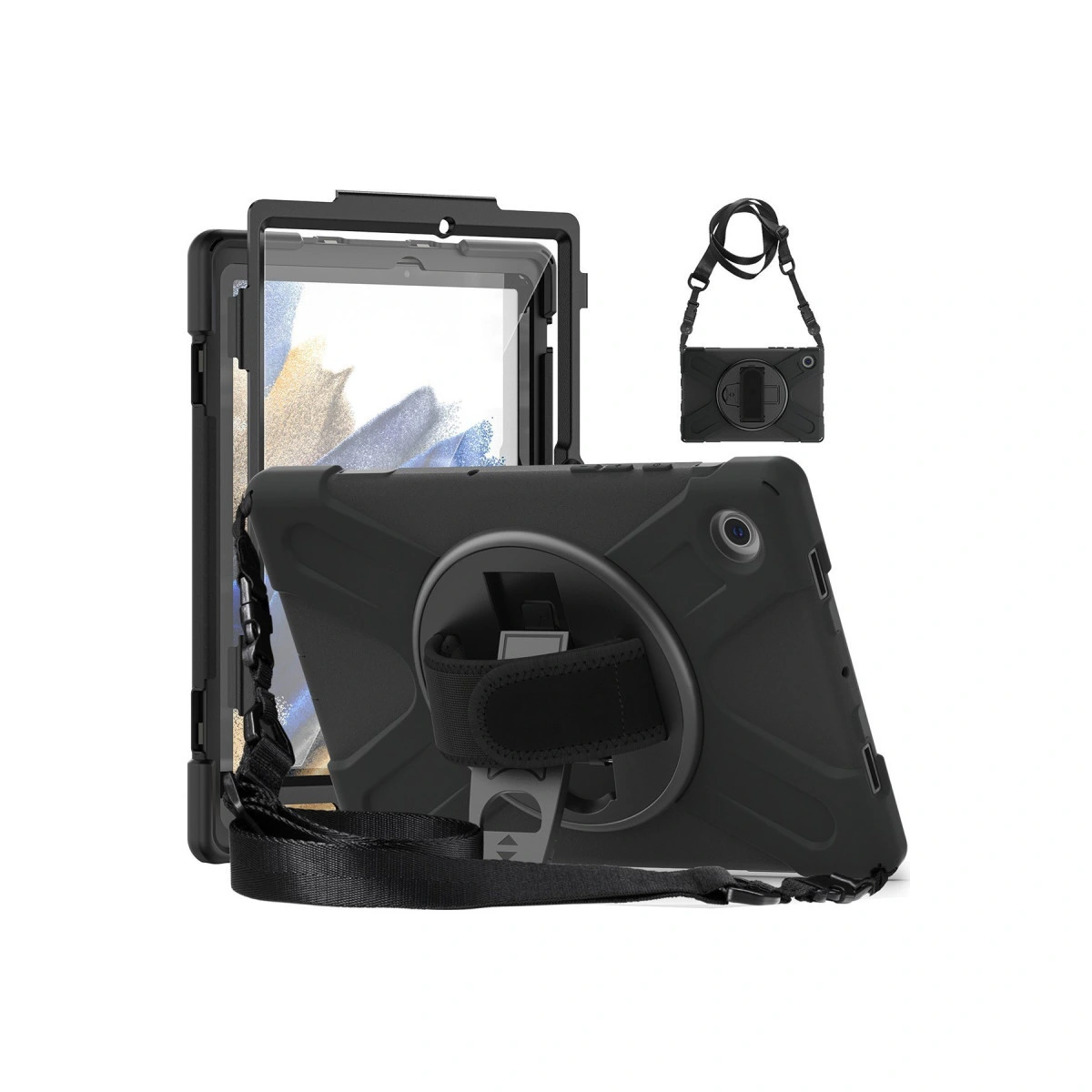 Koruyucu kılıflı ve askılı siyah tablet, stant.