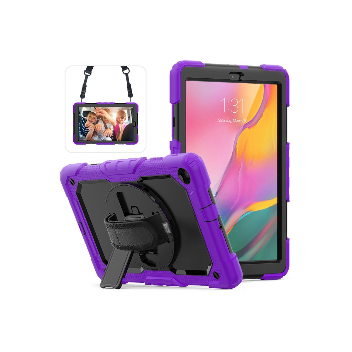 Standlı ve askılı mor tablet kılıfı.