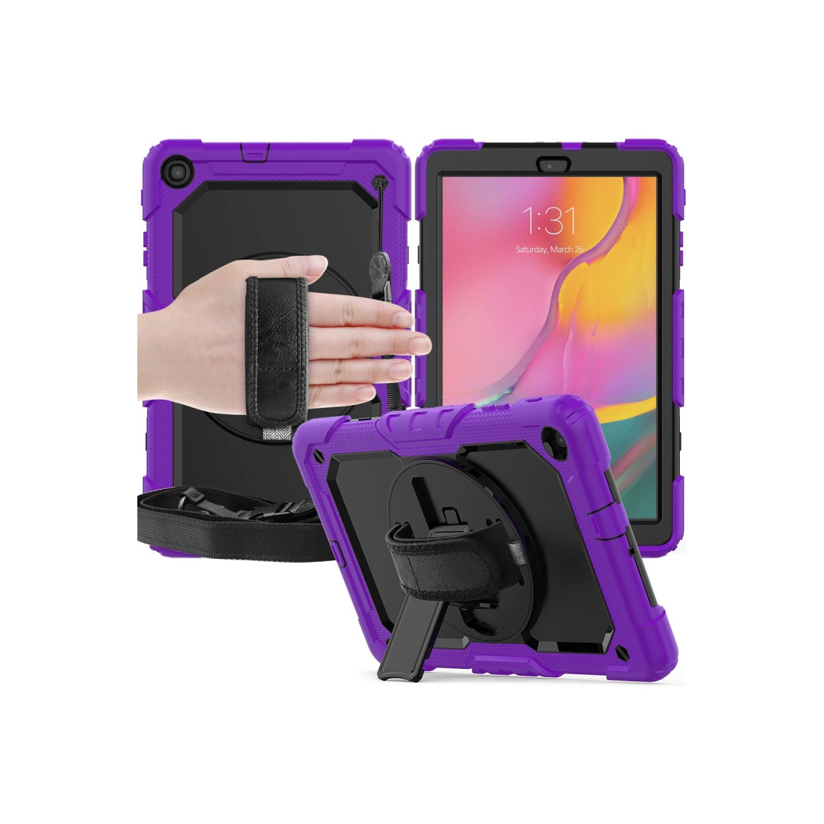 Standlı ve el kayışlı mor tablet kılıfı, üç görünüm.