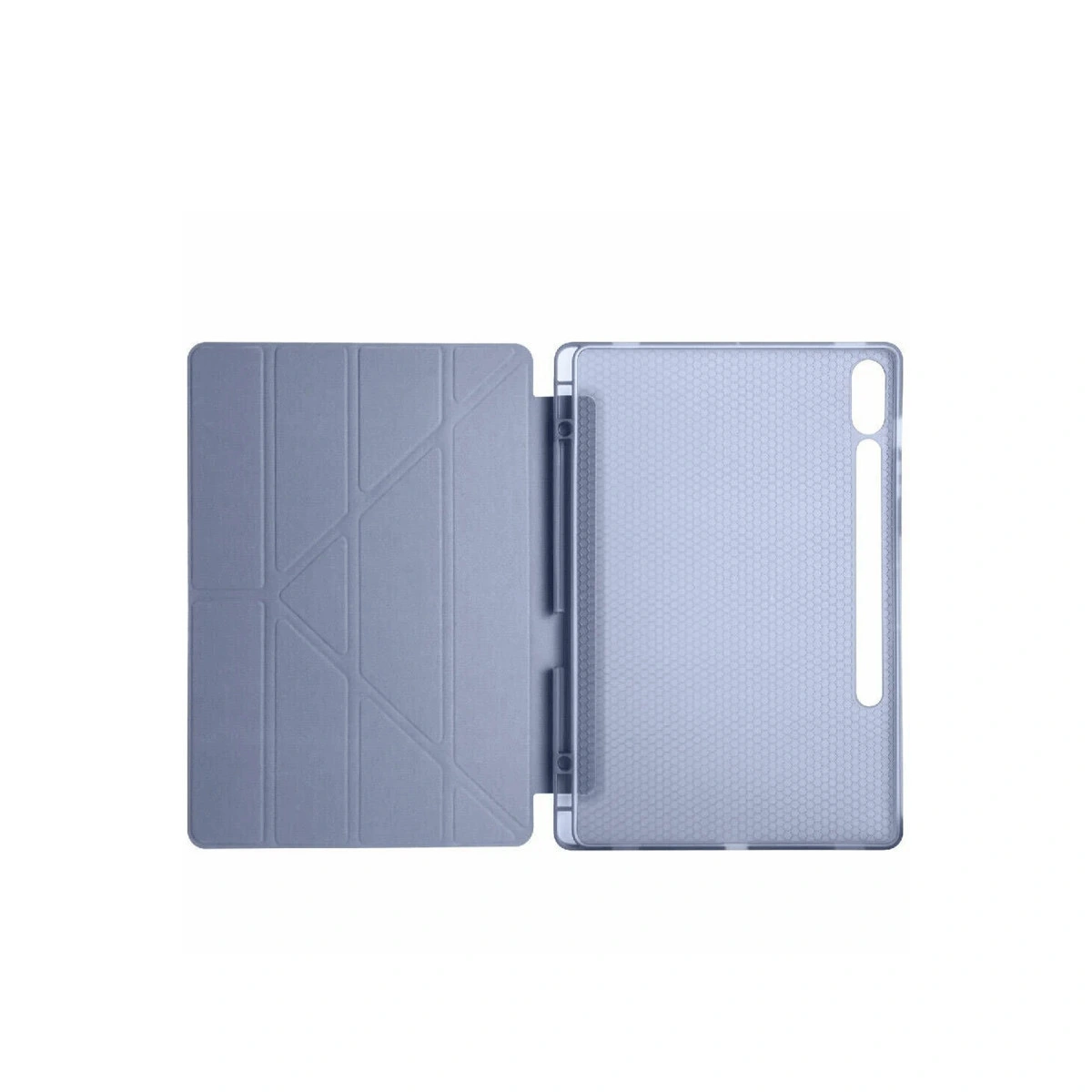 Açık mavi tablet, kapağı açık.
