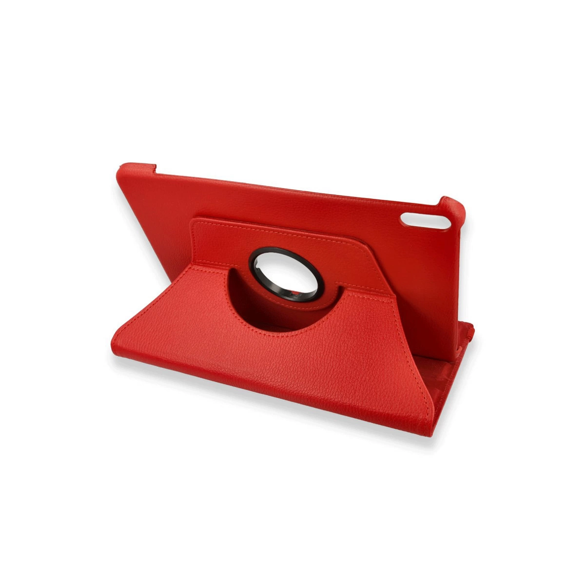 Kırmızı tablet kılıfı, tutamaçlı ve stantlı, beyaz arka planda.