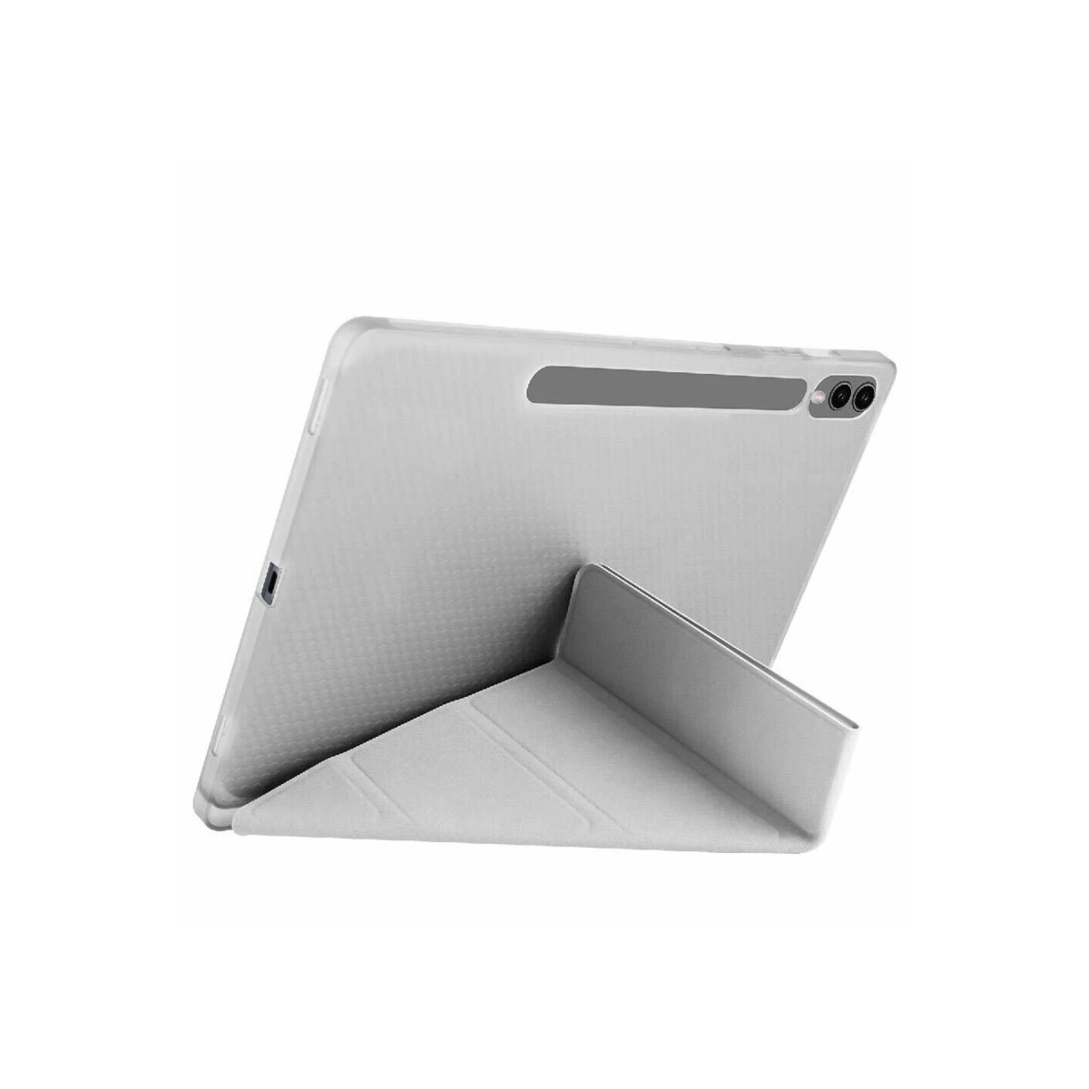 Beyaz arka plan üzerinde stant görevi gören kılıflı beyaz tablet.