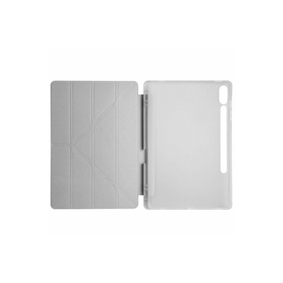 Açık gri tablet kılıfı açıktır, içi görünür durumdadır. Sol taraf, geometrik çizgili katlanmış bir kapağa sahiptir.