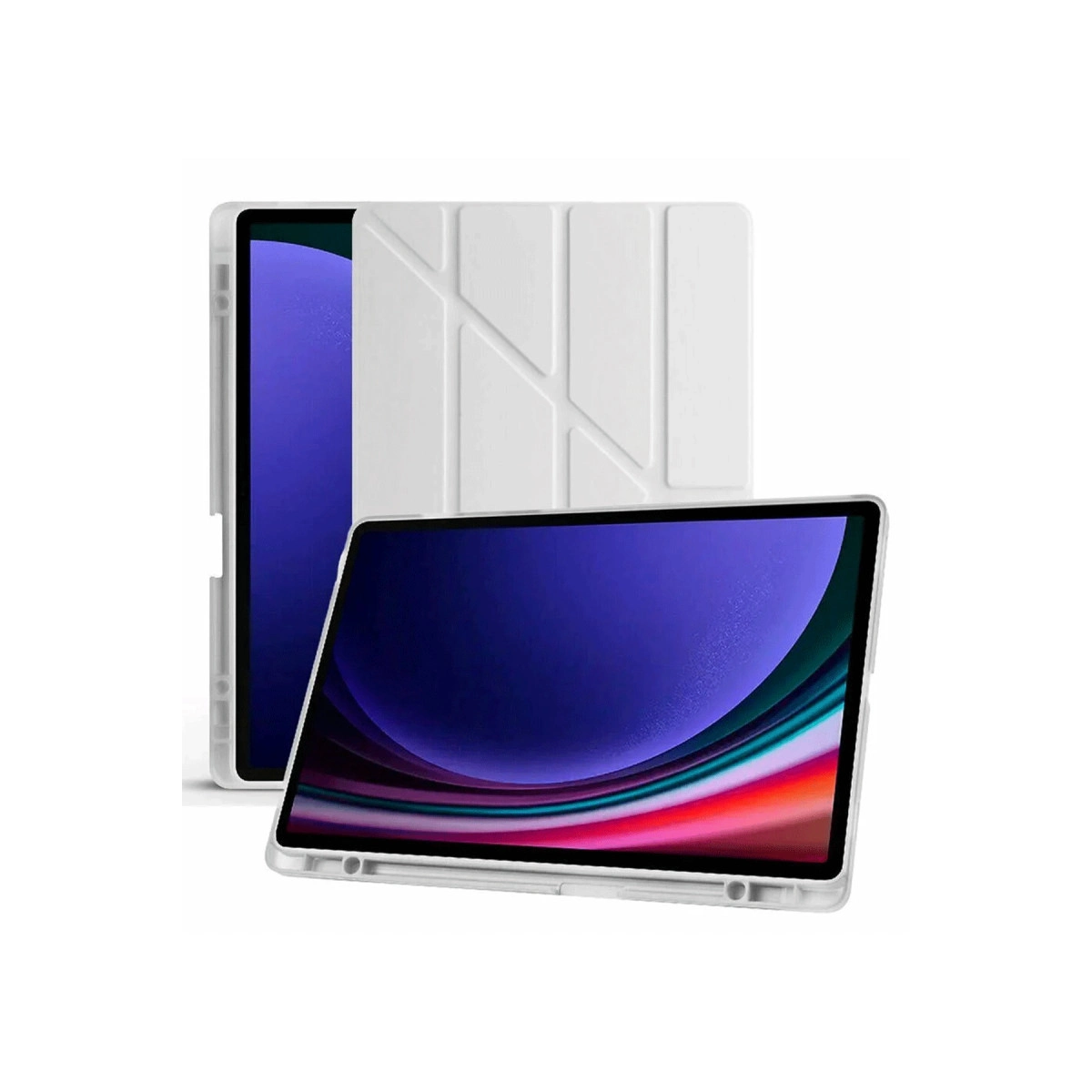 Kılıflı beyaz tablet. Bir tablet açık, renkli duvar kağıdı gösteriyor. Diğeri kapalı.