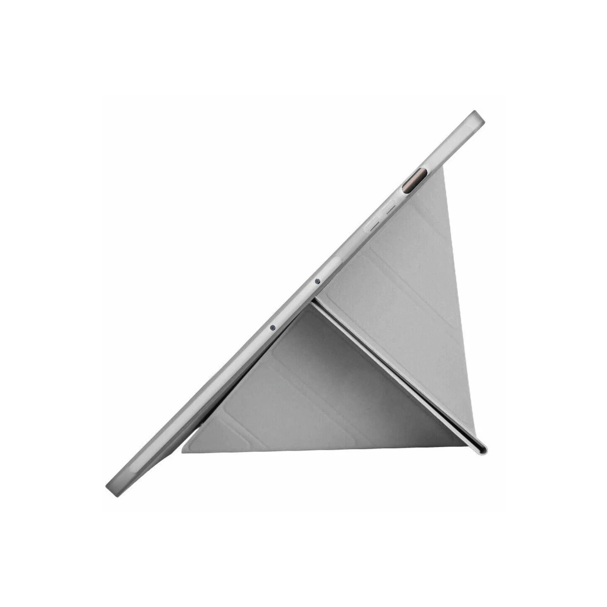 Gümüş tablet, stant olarak kullanılan gri kılıfla.