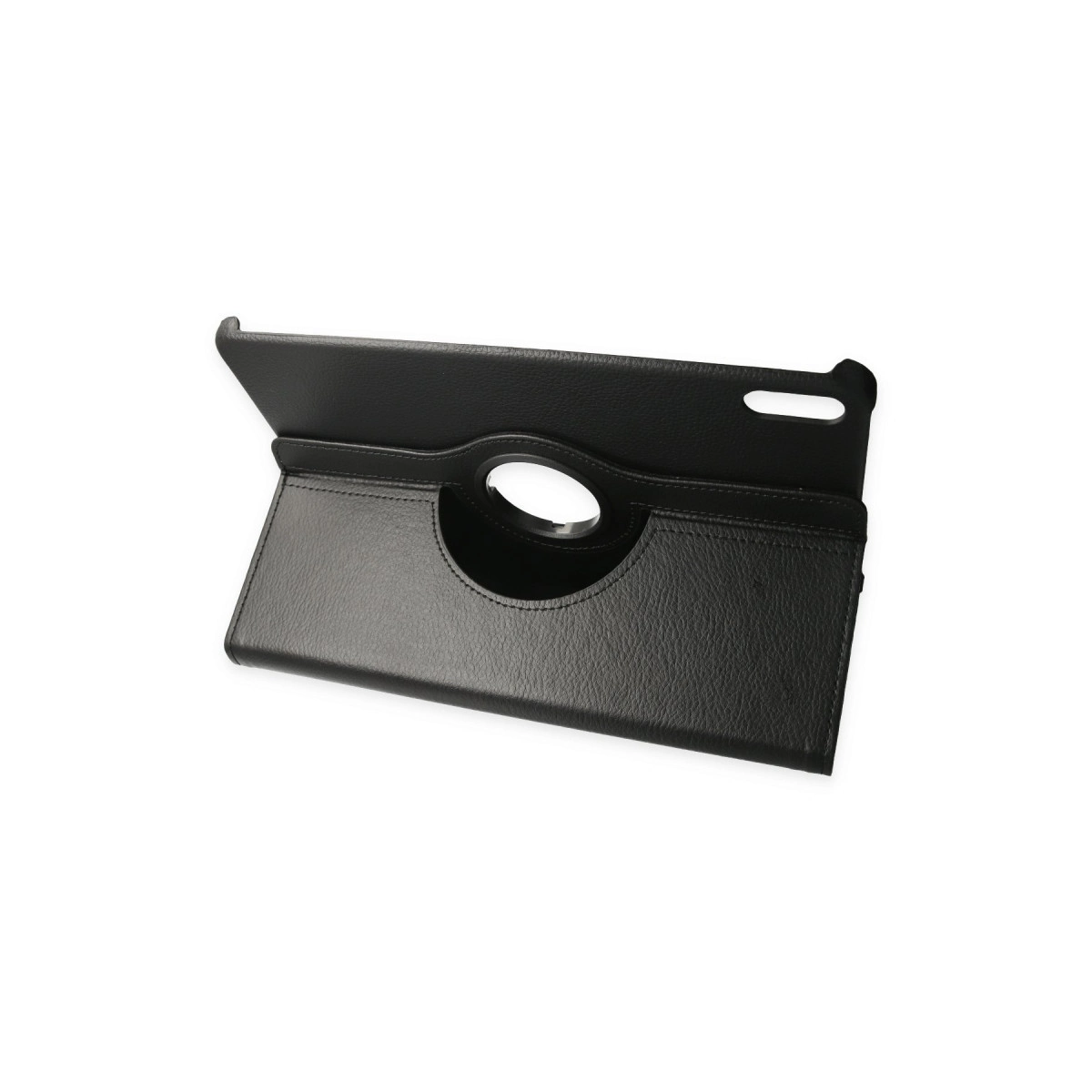 Döndürülebilir tutma saplı, kesikleri olan siyah deri görünümlü tablet kılıfı.