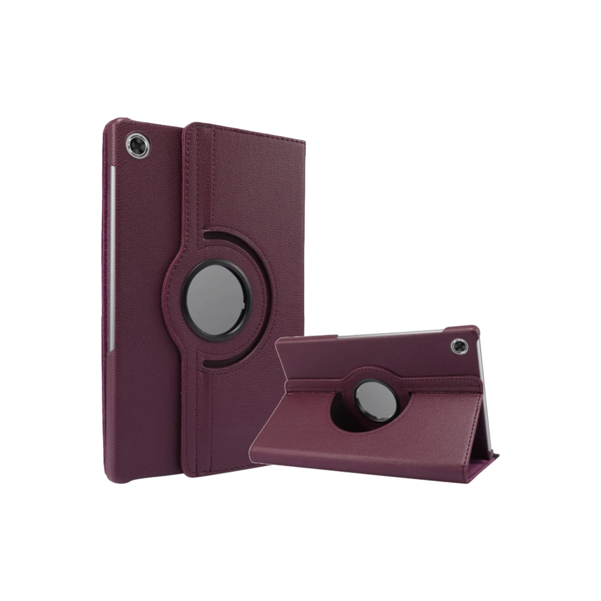 İki bordo tablet kılıfı, biri dik, biri dayalı, dönebilen daireli.