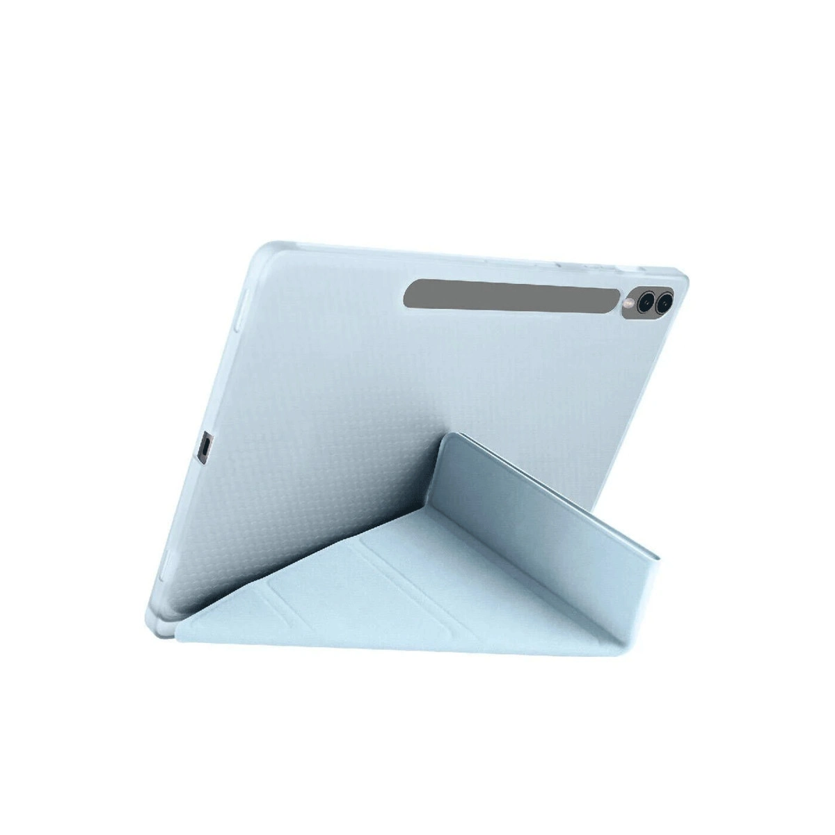 Beyaz arka plan üzerinde standlı açık mavi tablet.