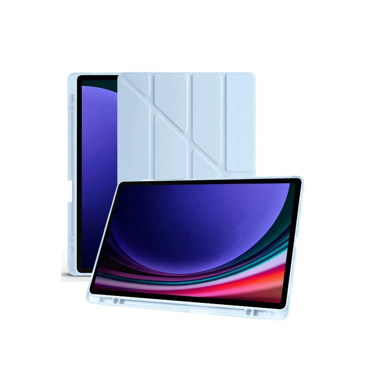 Geometrik desenli iki açık mavi tablet kılıfı. Biri açık, mor bir ekran gösteriyor.