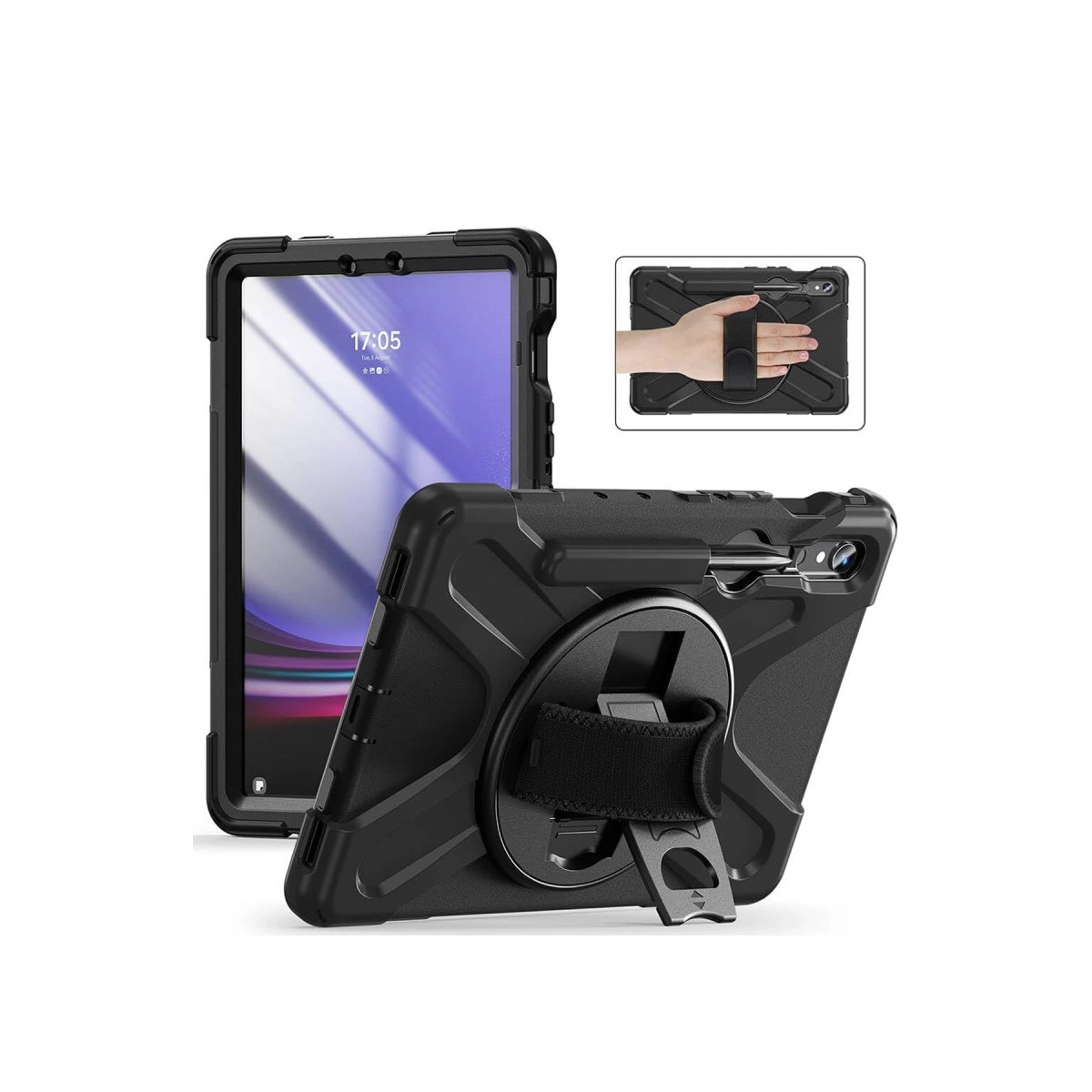 Tutmaçlı ve stantlı siyah tablet kılıfı. Ön ve arka görünümleri gösterir.