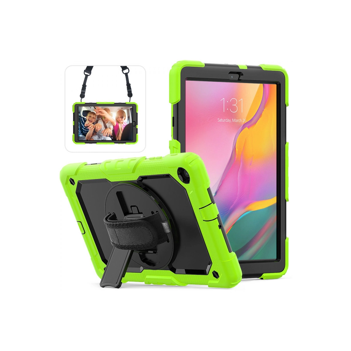 Standlı ve askılı yeşil tablet kılıfı, saat gösteren tablet.