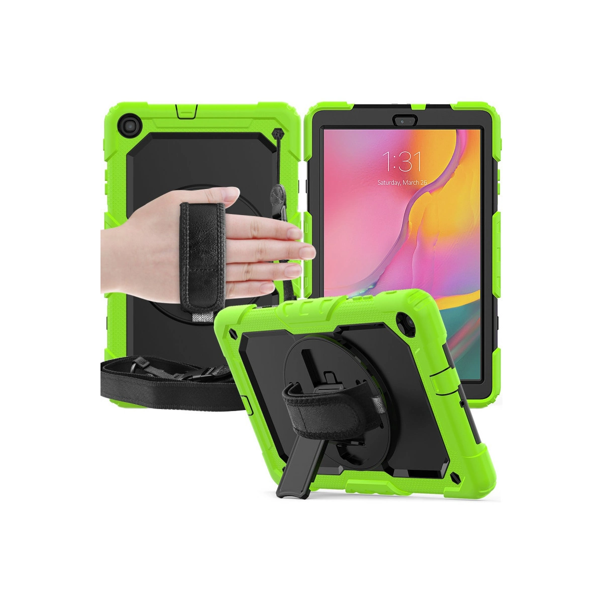 Saplı ve stantlı yeşil tablet kılıfı.