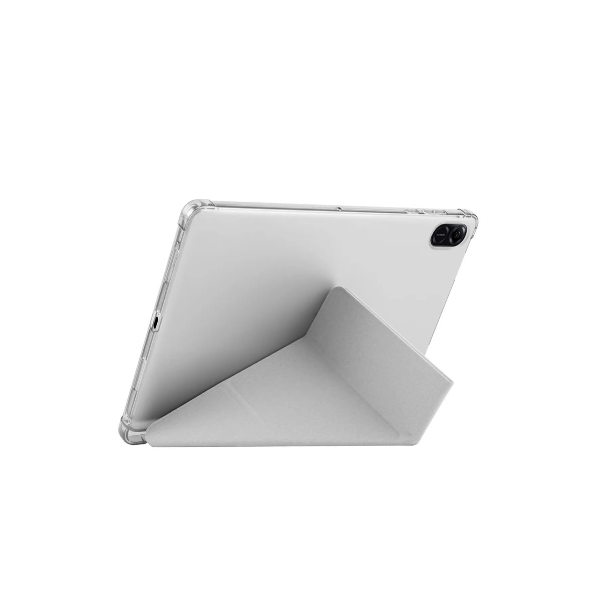 Şeffaf kılıflı gümüş tablet gri bir stant üzerinde duruyor.